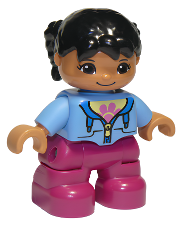 Минифигурка Lego Duplo Figure Lego Ville, Child Girl, Magenta Legs, Medium Blue Jacket over Shirt with Flower, Black Pigtails 47205pb035a